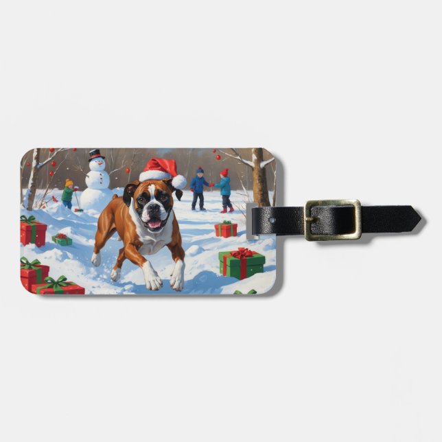 Boxer Christmas Festive Snow Scene Luggage Tag (Front Horizontal)