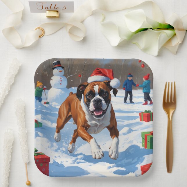 Boxer Christmas Festive Snow Scene Paper Plate (Wedding)