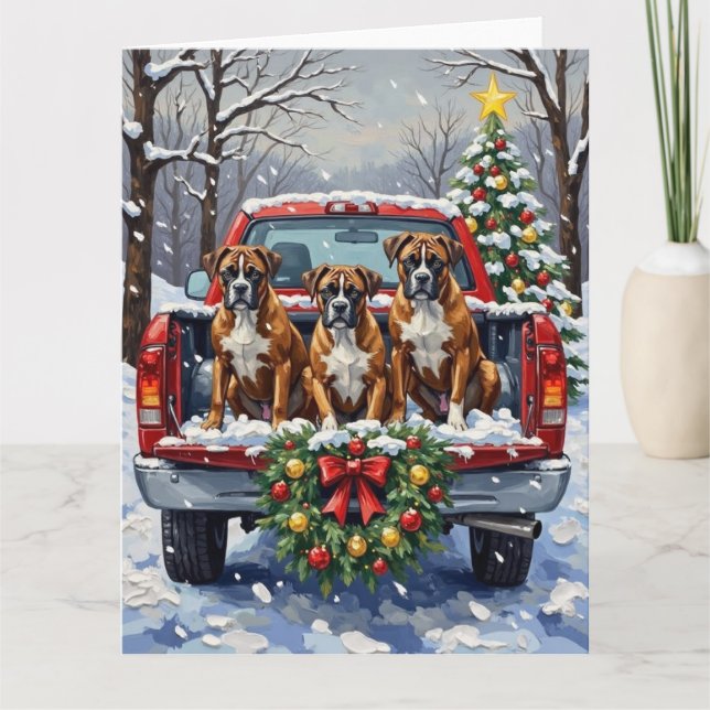 Boxer Christmas Red Truck Holiday Card (Front)
