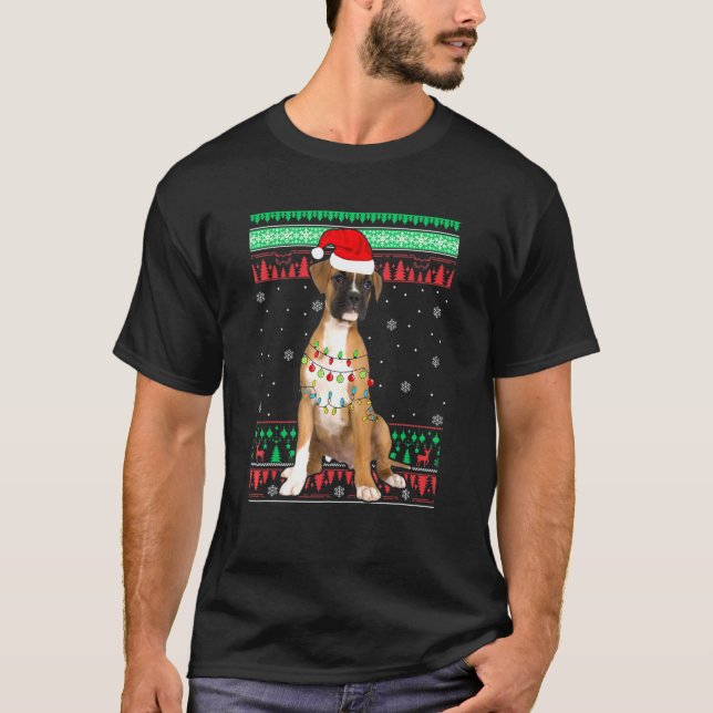 Boxer Christmas Santa Hat Light Dog T-Shirt (Front)