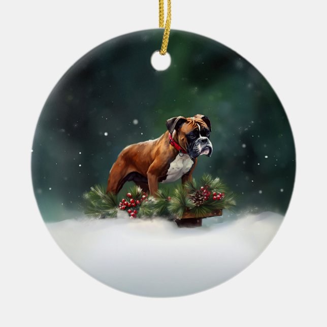 Boxer Christmas snow winter Ceramic Tree Decoration (Front)