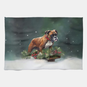 Boxer Christmas snow winter Tea Towel