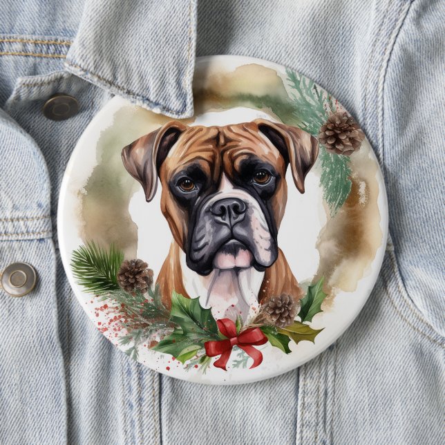 Boxer Christmas Wreath Festive Pup 6 Cm Round Badge (In Situ)