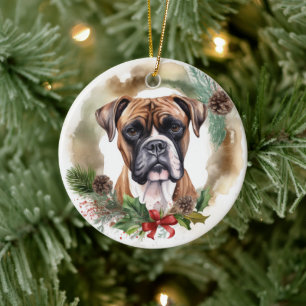 Boxer Christmas Wreath Festive Pup Ceramic Tree Decoration
