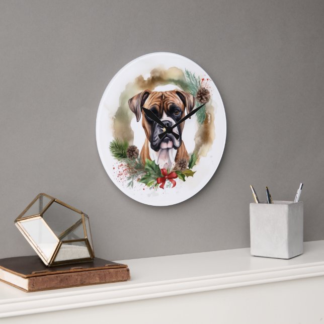 Boxer Christmas Wreath Festive Pup Large Clock (Office)