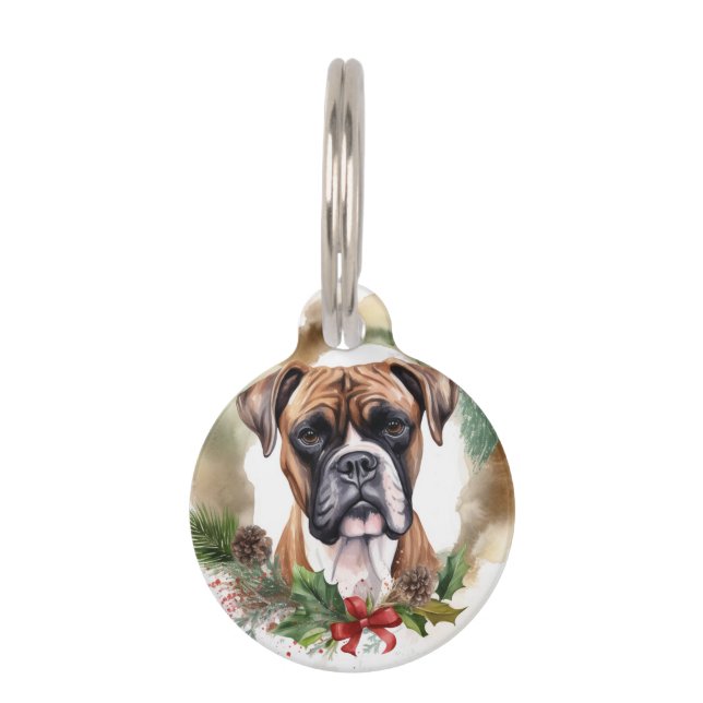 Boxer Christmas Wreath Festive Pup Pet Tag (Front)