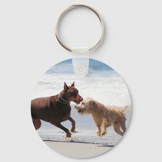 Boxer Doberman - Play Date at the Beach Key Ring (Front)