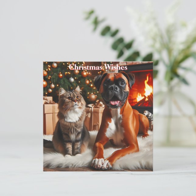 Boxer Dog and Cat Christmas Holiday Card (Standing Front)