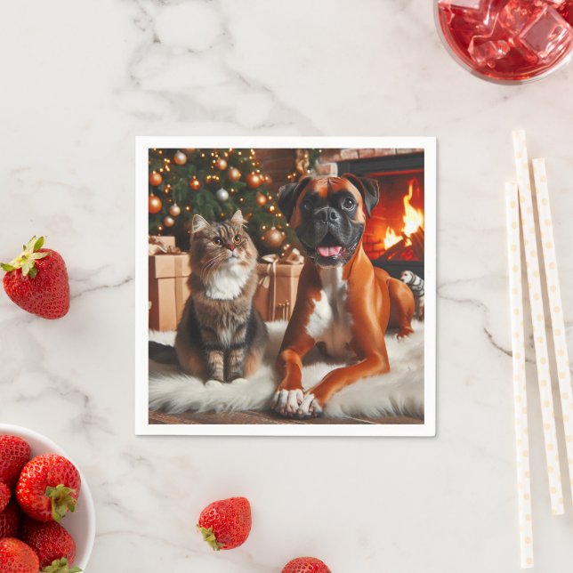 Boxer Dog and Cat Christmas Napkin (Insitu)