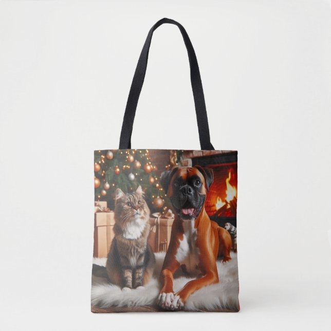 Boxer Dog and Cat Christmas Tote Bag (Front)