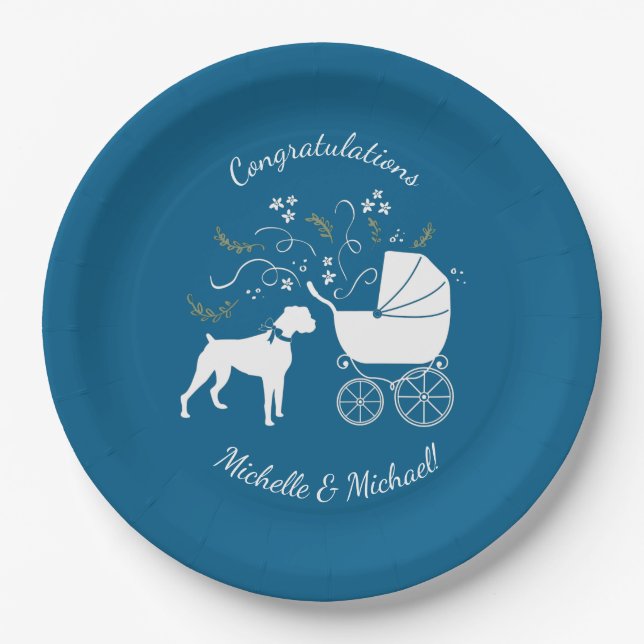 Boxer Dog Baby Shower Paper Plate (Front)