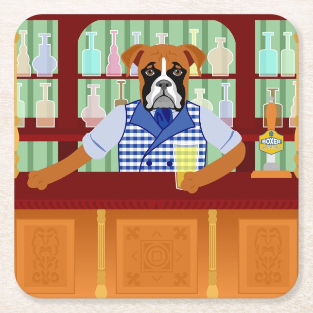 Boxer Dog Beer Pub Square Paper Coaster (Front)