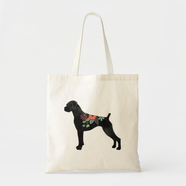 Boxer Dog Breed Natural Boho Floral Silhouette Tote Bag (Front)
