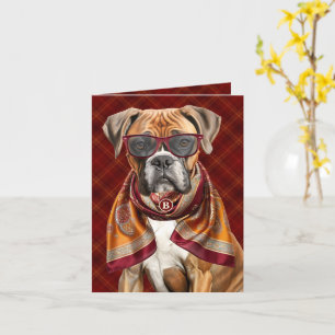 Boxer Dog Burgundy and Gold Plaid Monogrammed Card