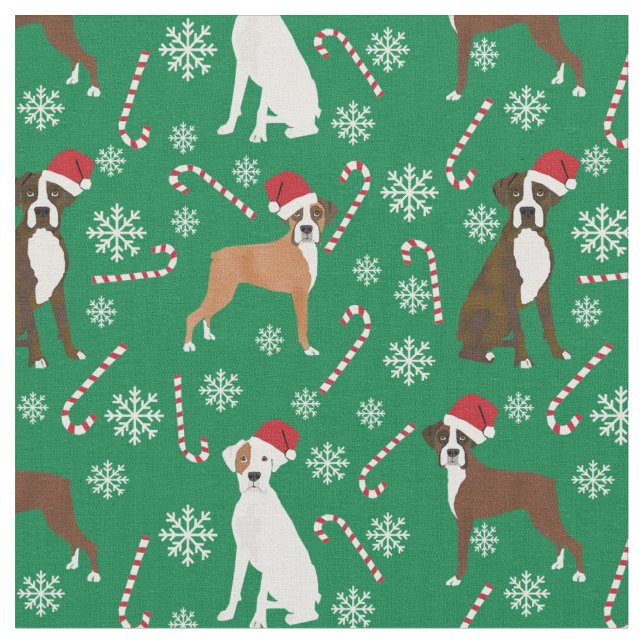 Boxer dog candy cane green fabric (Close Up)