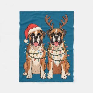 Boxer Dog Christmas Santa Hat Reindeer Lights Paja Fleece Blanket