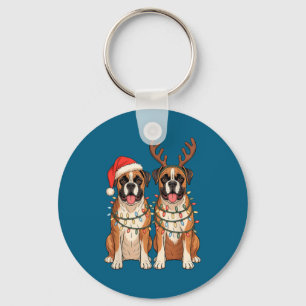 Boxer Dog Christmas Santa Hat Reindeer Lights Paja Key Ring