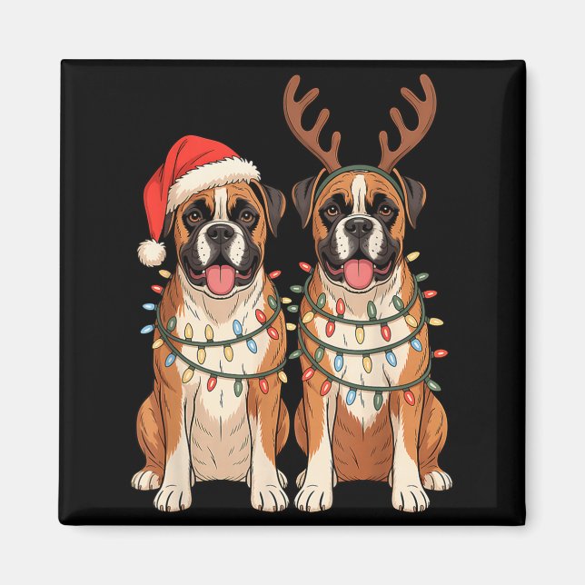 Boxer Dog Christmas Santa Hat Reindeer Lights Paja Magnet (Front)