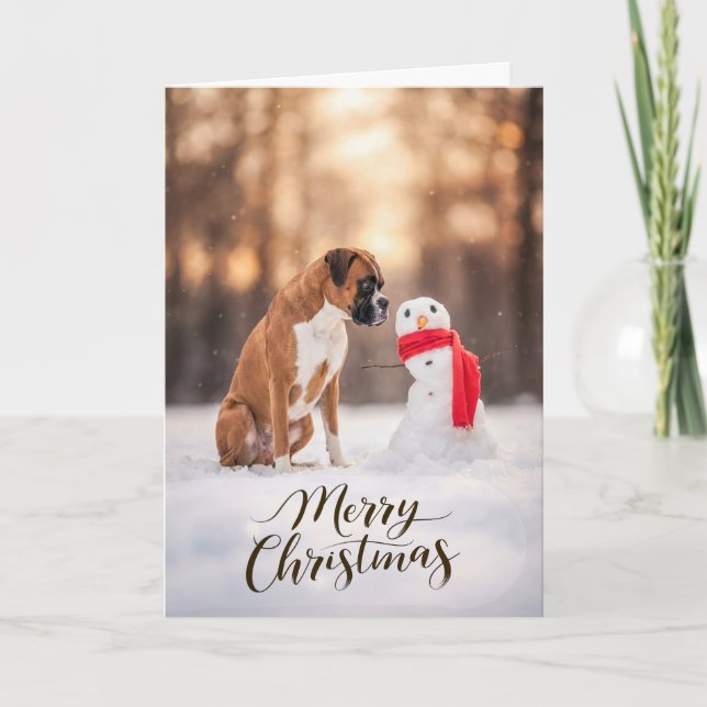 Boxer Dog Christmas Snowman Holiday Card (Front)
