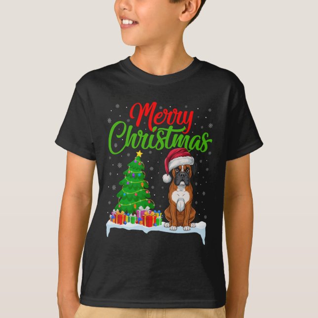 Boxer Dog Christmas Tree Lights Funny Xmas Boxer D T-Shirt (Front)