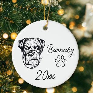 Boxer Dog Custom Name & Year Line Art Ceramic Tree Decoration