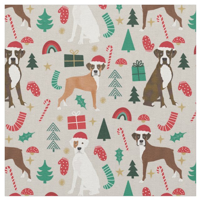 Boxer dog cute christmas tan fabric (Close Up)
