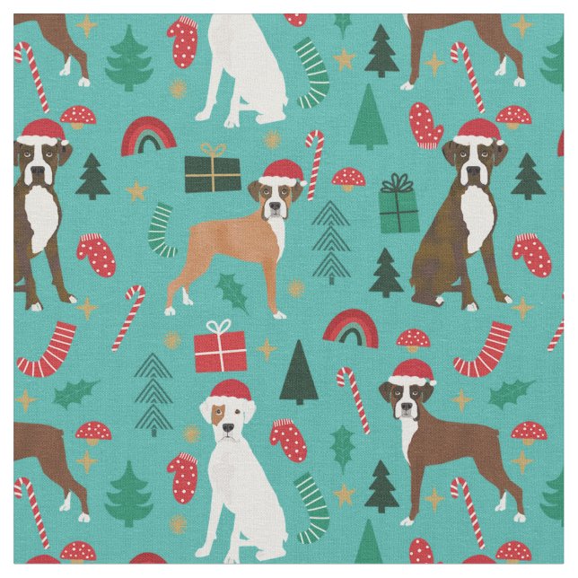 Boxer dog cute christmas turquoise fabric (Close Up)