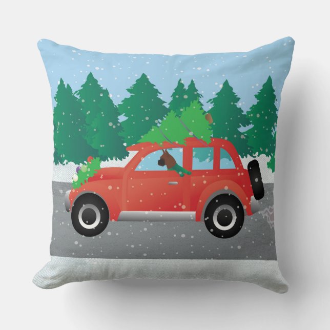 Boxer Dog Driving a car - Christmas Tree on Top Cushion (Front)