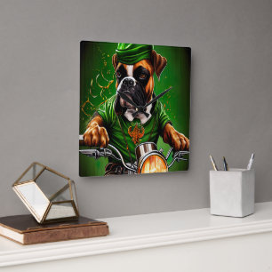 Boxer Dog Driving Bike St. Patrick's Day Square Wall Clock