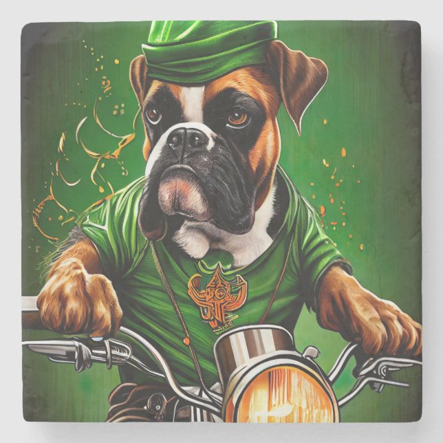 Boxer Dog Driving Bike St. Patrick's Day Stone Coaster (Front)