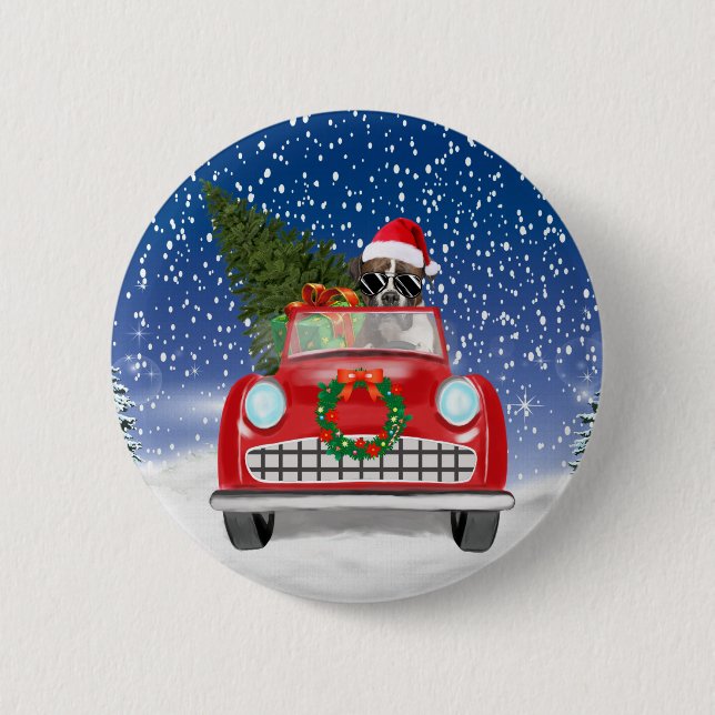 Boxer Dog Driving Car In Snow Christmas  6 Cm Round Badge (Front)