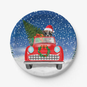 Boxer Dog Driving Car In Snow Christmas Paper Plate