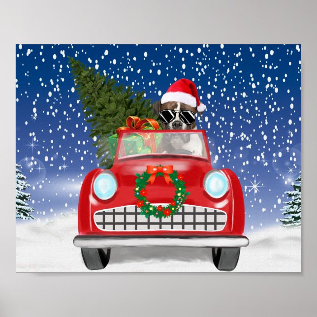 Boxer Dog Driving Car In Snow Christmas  Poster (Front)