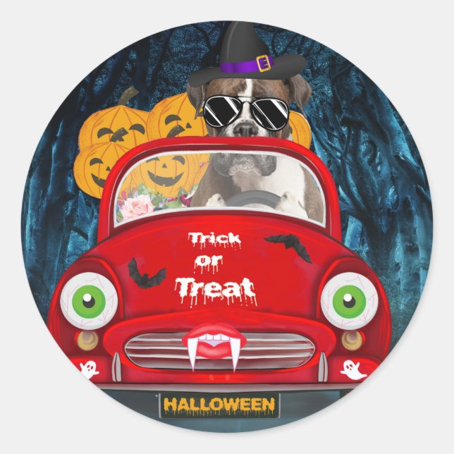 Boxer Dog Driving Car Scary Halloween Classic Round Sticker (Front)