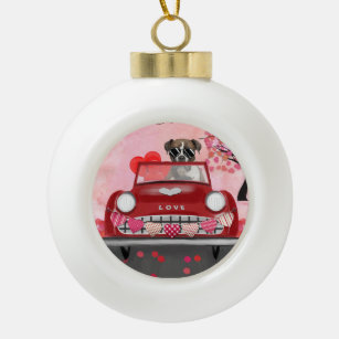 Boxer Dog Driving Car with Hearts Valentine's  Ceramic Ball Christmas Ornament