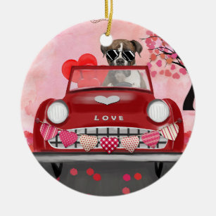 Boxer Dog Driving Car with Hearts Valentine's  Ceramic Tree Decoration