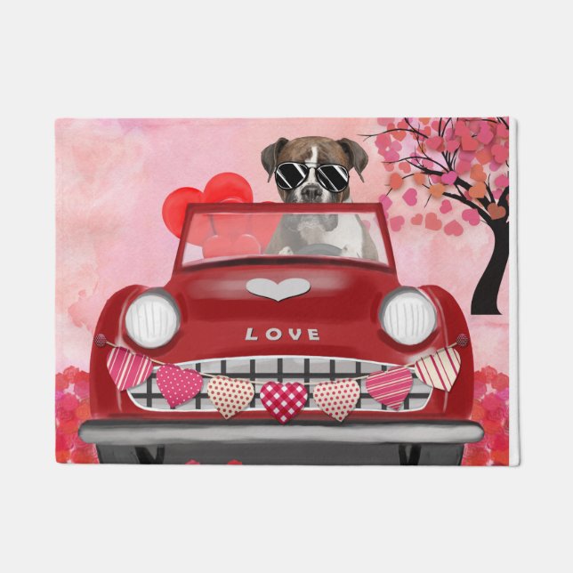 Boxer Dog Driving Car with Hearts Valentine's  Doormat (Front)