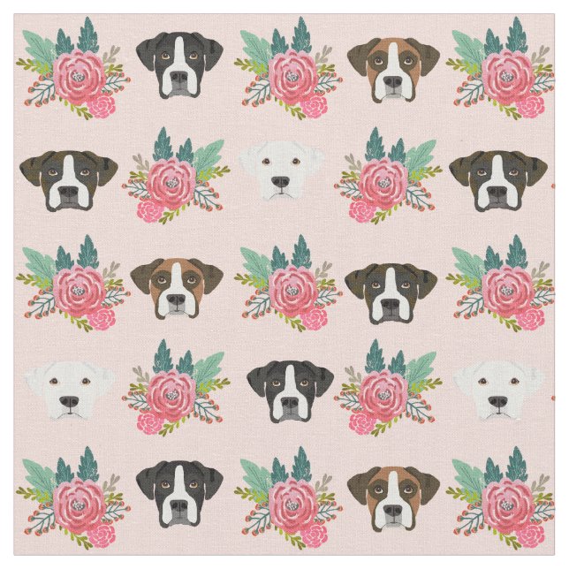 boxer dog  faces pastel pink floral fabric (Close Up)