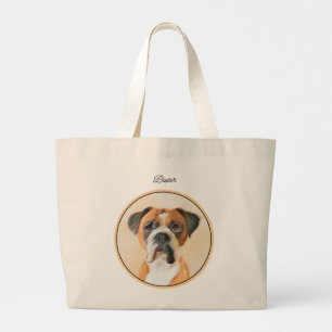 Boxer Dog Fawn Painting Uncropped Ear Cute Dog Art Large Tote Bag