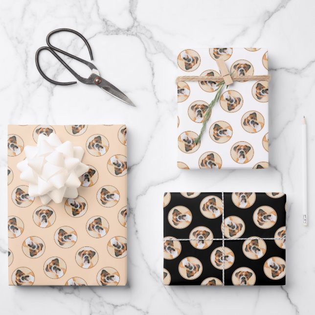 Boxer Dog Fawn Painting Uncropped Ear Cute Dog Art Wrapping Paper Sheet (Front)