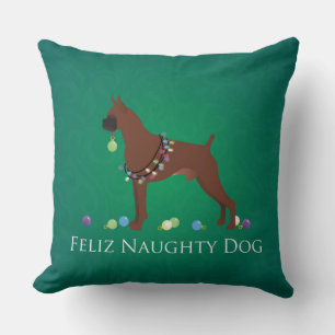 Boxer Dog Feliz Naughty Dog Christmas Design Cushion