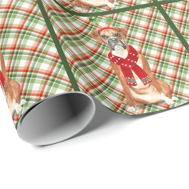 Boxer Dog Funny Holiday Plaid Christmas Wrapping Paper (Roll Corner)