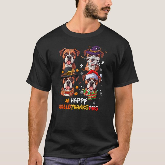 Boxer Dog Hallothanksmas Halloween Thanksgiving Xm T-Shirt (Front)