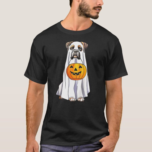 Boxer Dog Halloween Funny Ghost Costume with Pumpk T-Shirt (Front)