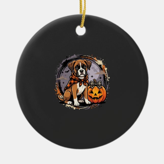Boxer Dog Halloween Pumpkin Sublimation Ceramic Tree Decoration (Front)
