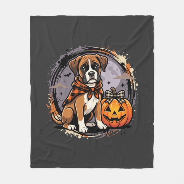 Boxer Dog Halloween Pumpkin Sublimation Fleece Blanket (Front)