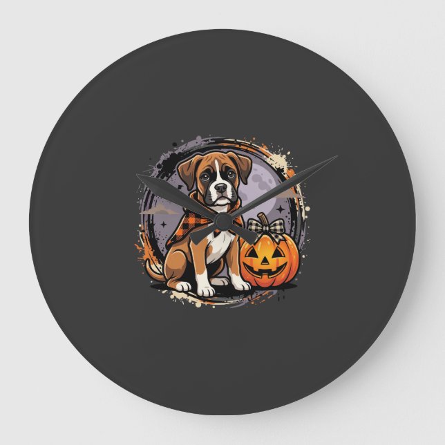 Boxer Dog Halloween Pumpkin Sublimation Large Clock (Front)
