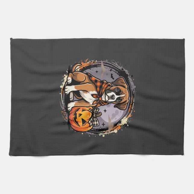 Boxer Dog Halloween Pumpkin Sublimation Tea Towel (Horizontal)
