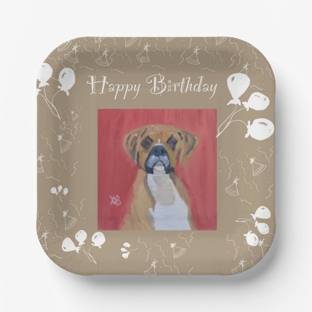 Boxer Dog Happy Birthday Paper Plates (Front)