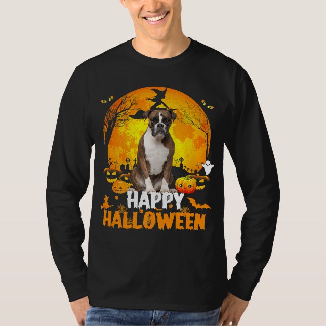 Boxer Dog Happy Halloween Day With Moon Pumpkin T-Shirt (Front)